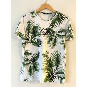 LC Waikiki Men's T-Shirt Size M White Green Tropical Palm Crew Neck Short Sleeve